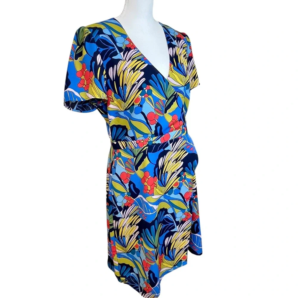 J CREW Mercantile Faux Wrap Dress Floral‎ Print Sz 10 Short Sleeve Office Work